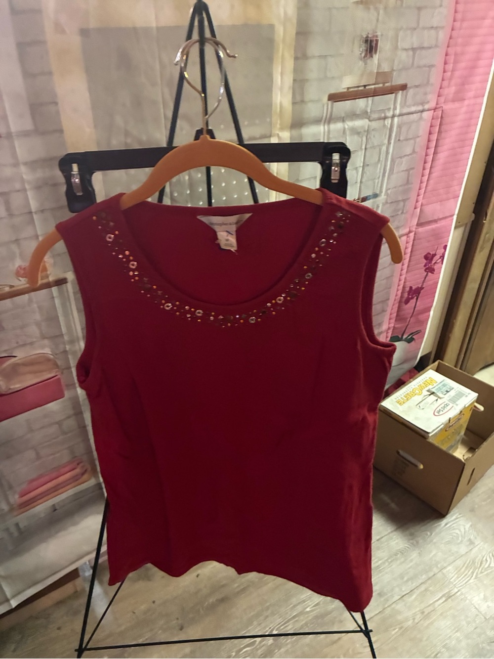 Christopher & Banks Red Sleeveless Scoop Neck Tank with Embellished Neckline